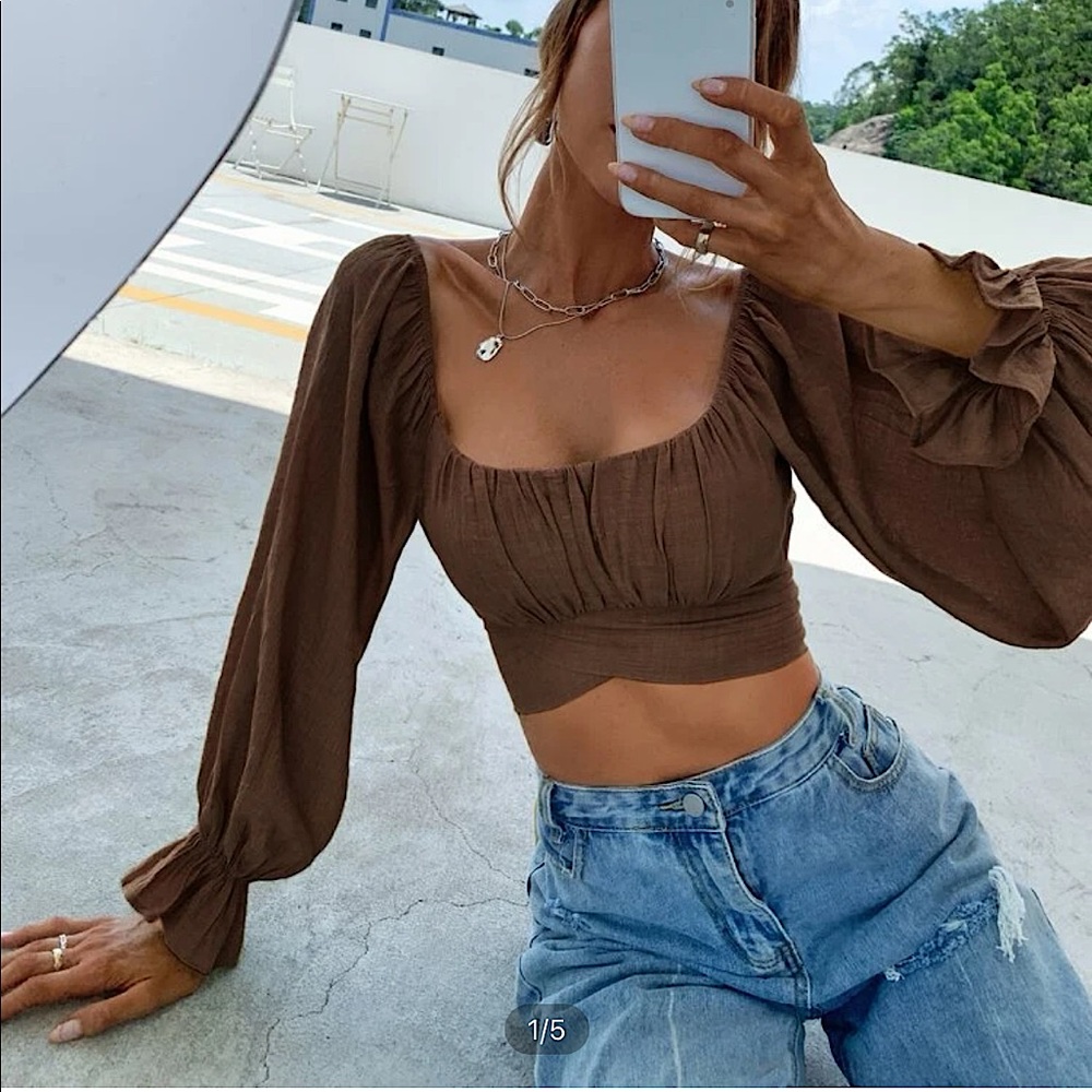SHEIN Square Neck Flounce Sleeve Tie Back Crop Milkmaid Blouse in Brown — Large